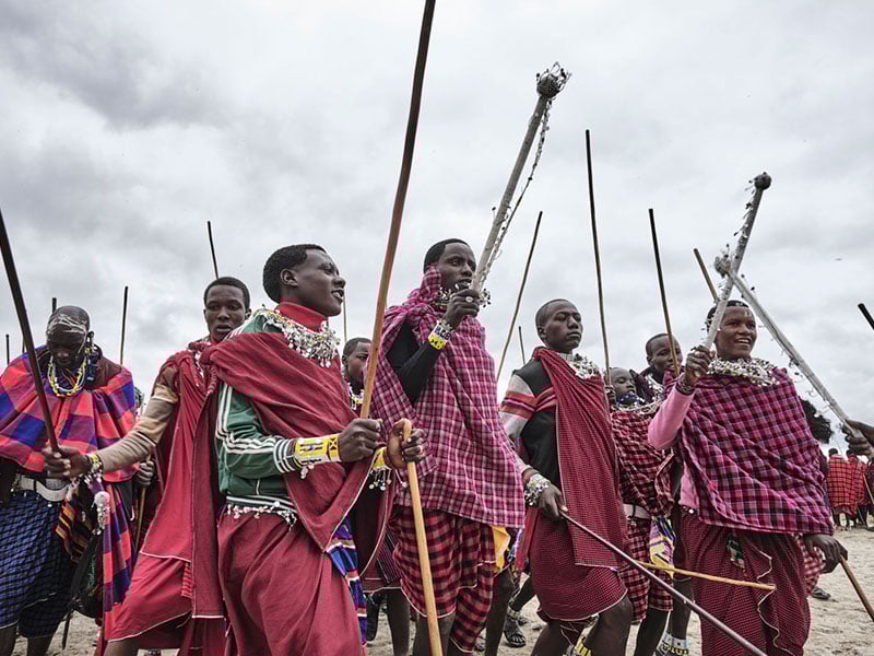 A group of young Maasai during the celebration of Enkipaata in the Ngorongoro Conservation Area crater.