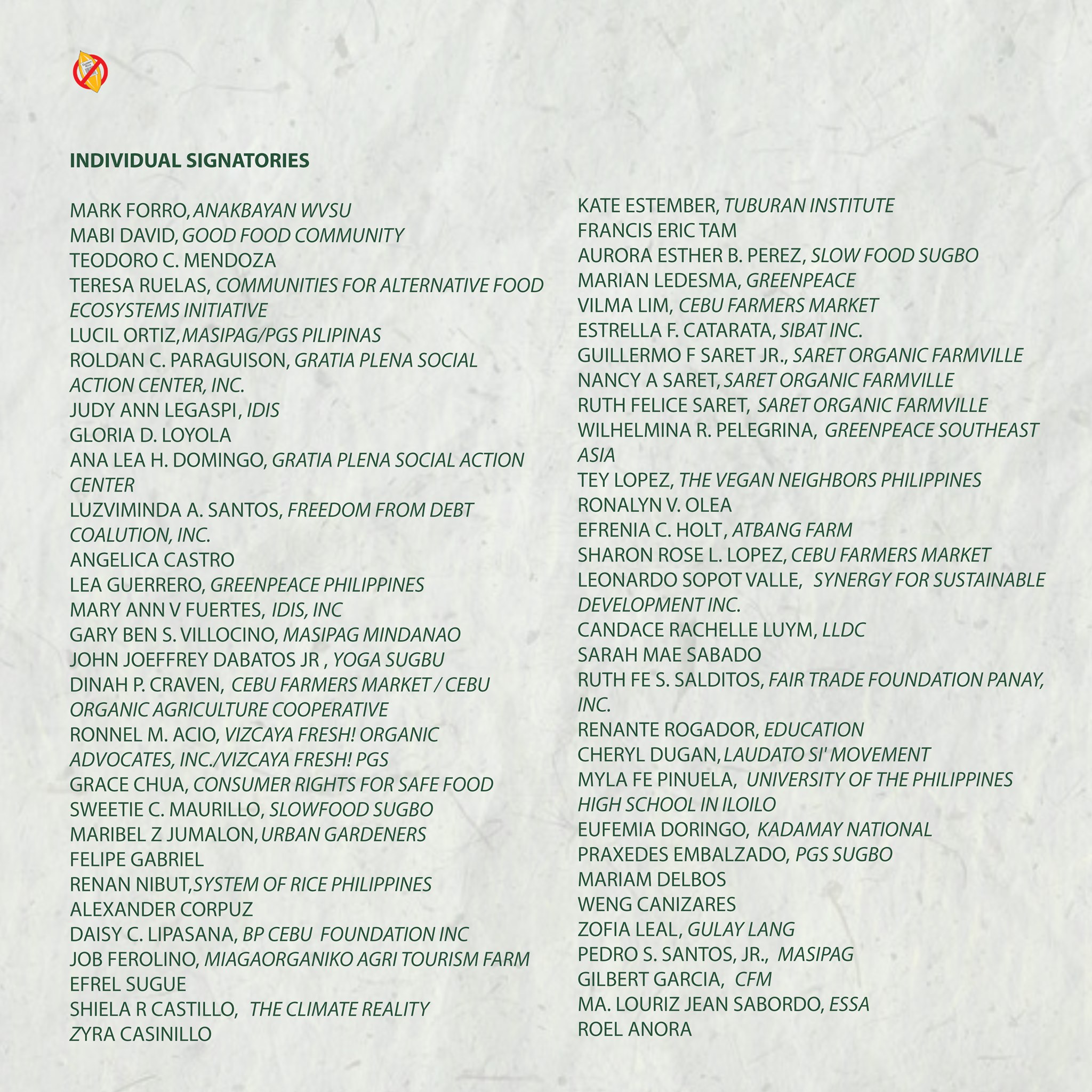 Golden Rice singatories -- individuals