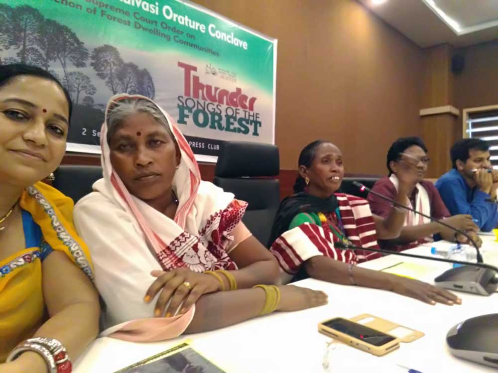Indigenous leaders from the AIUFWP at an Adivasi Orature conclave at the Press Club of India. The testimonies of traditional forest dwelling communities endangered by the Supreme Court eviction order were given center stage. Credit: AIUFWP Indigenous leaders from the AIUFWP at an Adivasi Orature conclave at the Press Club of India. The testimonies of traditional forest dwelling communities endangered by the Supreme Court eviction order were given center stage. Credit: AIUFWP