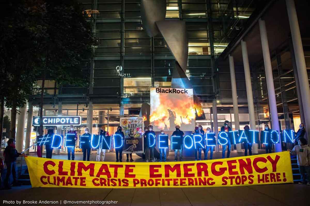 Protest outside of BlackRock office in San Francisco, CA in September 2020.