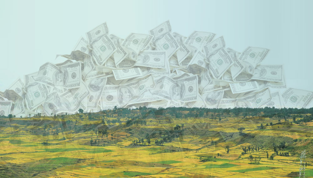 Image: Highland scene in Amhara, Ethiopia with US dollars overlaid. © The Oakland Institute