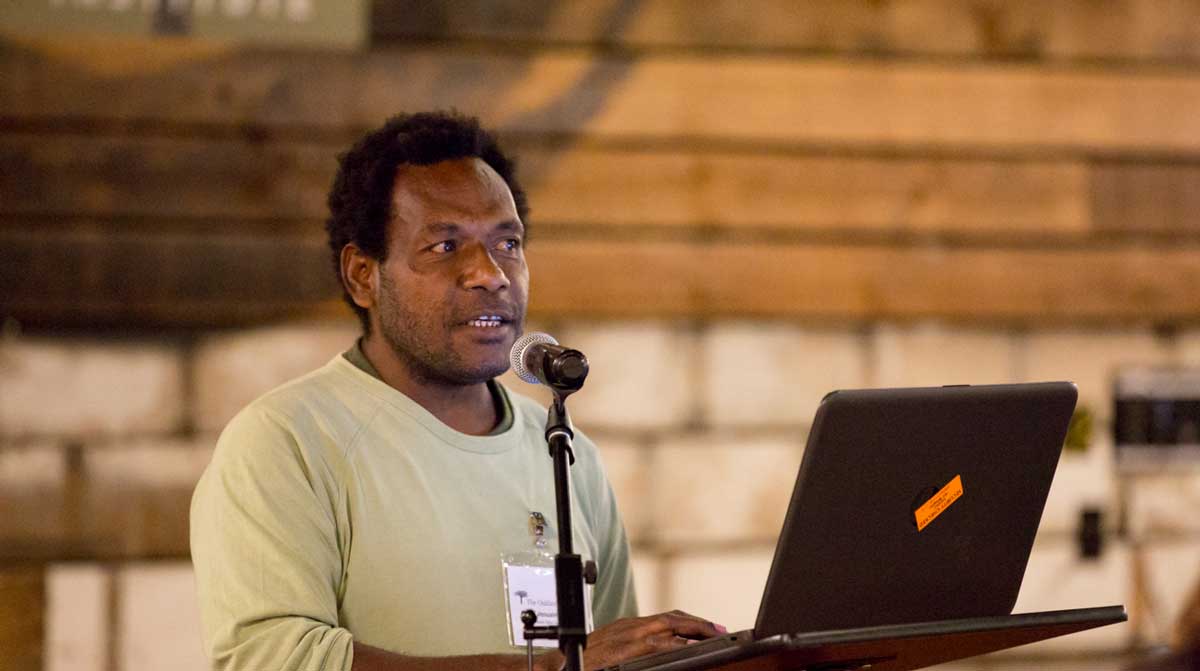 Paul Palosualrea Pavol speaking at an October 2017 Oakland Institute event. Credit: The Oakland Instittue.