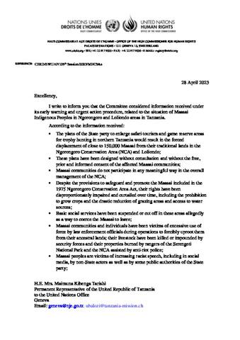 United Nations Committee on the Elimination of Racial Discrimination Letter to Tanzanian Government April 2023