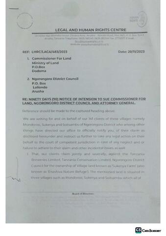 Legal & Human Rights Centre. 90 Days Notice of Intent to Sue