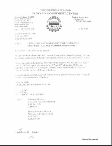 Tanzania Investment Centre. “Change of Land Use Over Farm 373 Sukenya Saitsambu Village Ngorongoro District." 