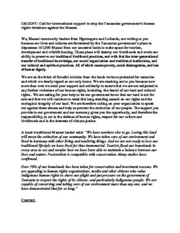 Maasai Community Letter to Tanzania’s Donors