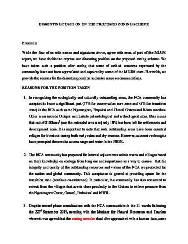 Dissenting Position on the Proposed Zoning Scheme