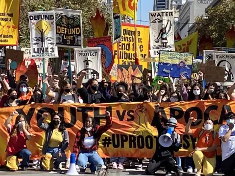 September 2021 protest targeting Line 3 financing institutions in San Francisco.