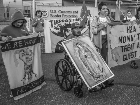 Ferndale, WA 2019, marchers gather in front of the immigrant detention center in Ferndale