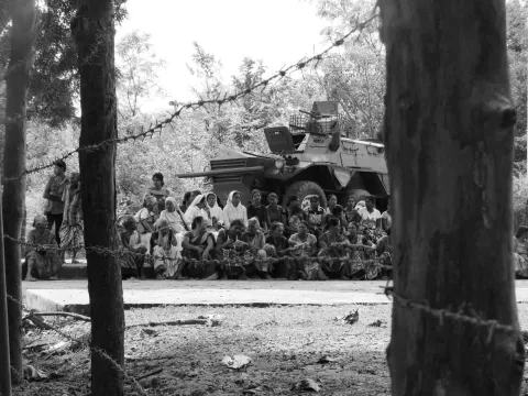 People protesting in front of an Army camp in Keppapulavu in the Mullaithivu District demanding the release of their lands.