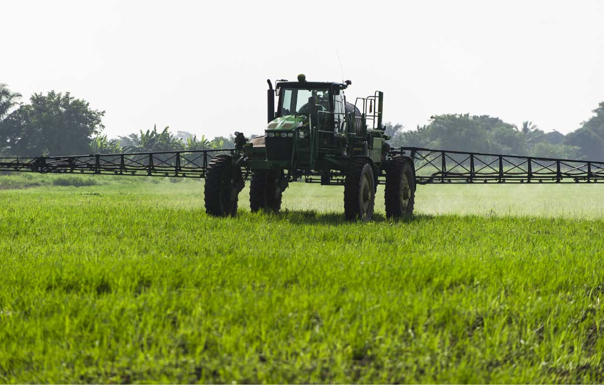 A tractor spraying crops in SACGOT corridor rice plantation