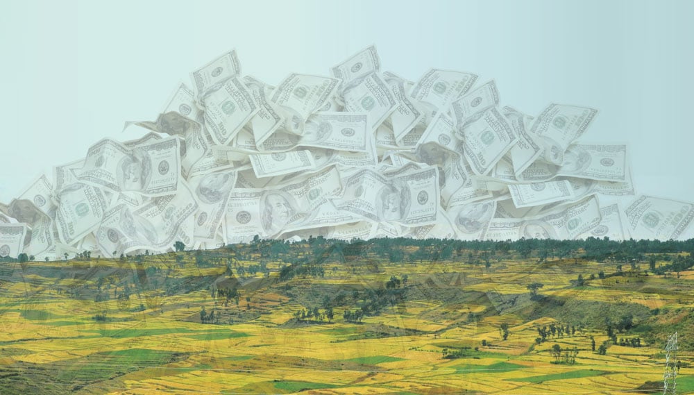 Image: Highland scene in Amhara, Ethiopia with US dollars overlaid. &copy; The Oakland Institute