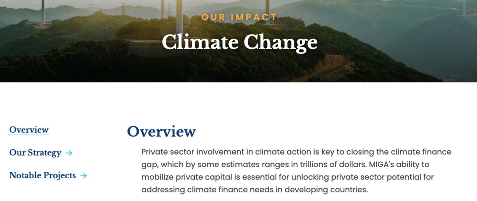 Web page header with words “Climate Change” and an intro text