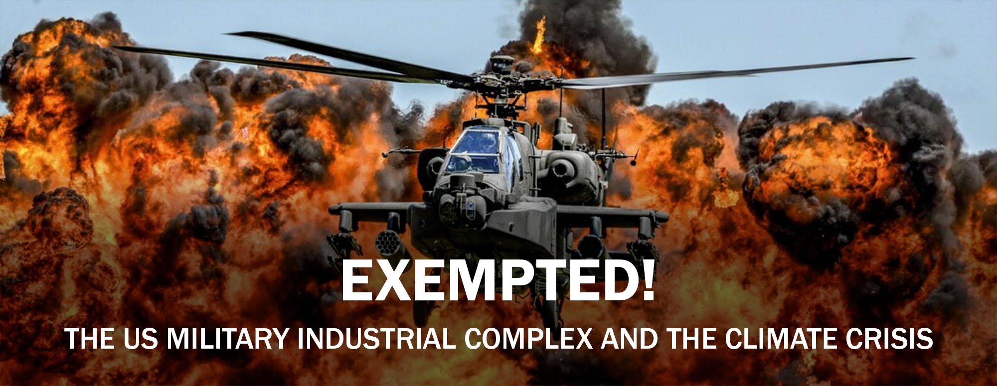 An attack helicopter with a fiery explosion in background. White text overlaid.