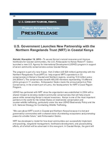 Press Release, US Support for NRT — November 2016