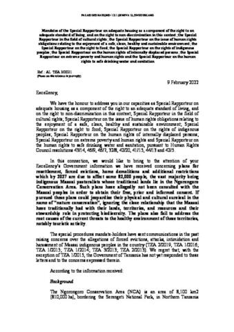 8 United Nations Special Rapporteurs Letter to Tanzanian Government April 2022