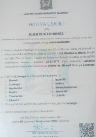 Luhanga Village Registration