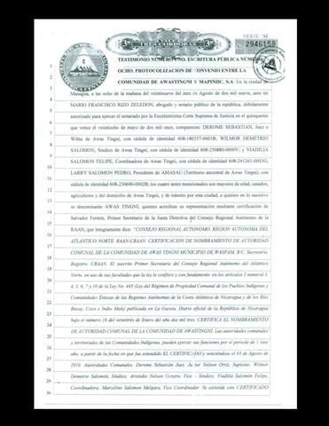 Notarized Agreement Between MAPIINICSA and Leaders of Awas Tingni