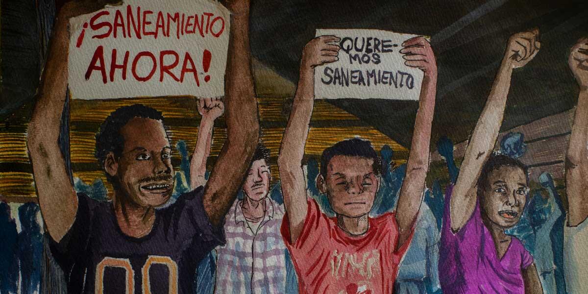 Villagers united in their demand for Saneamiento. Illustration: Abner Hauge   