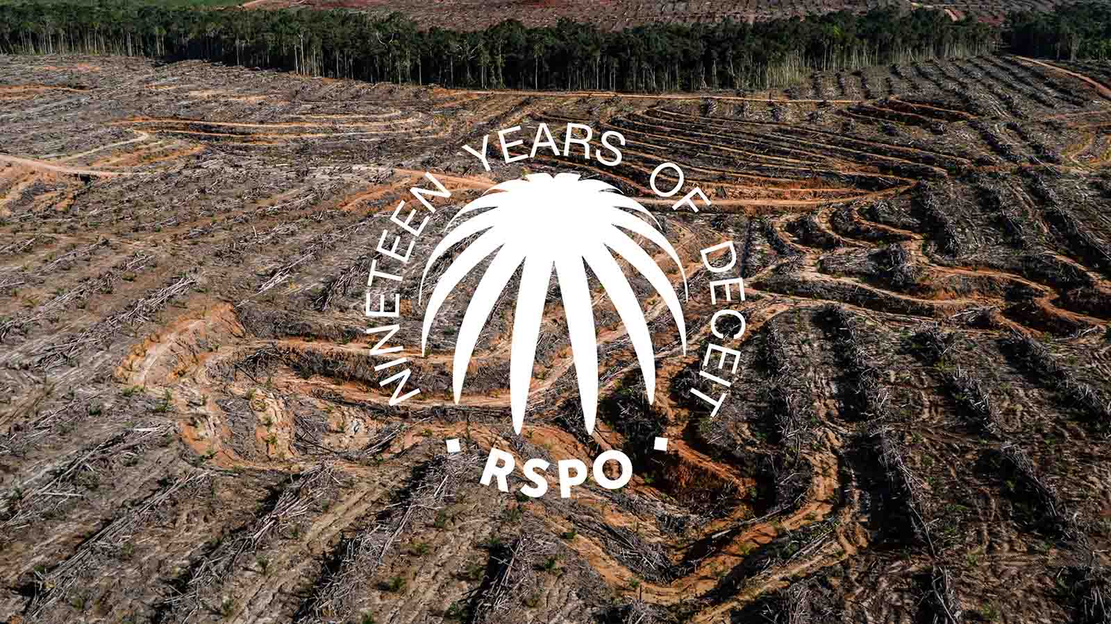 Palm plantation with overlay text "Nineteen Years of Deceit - RSPO"