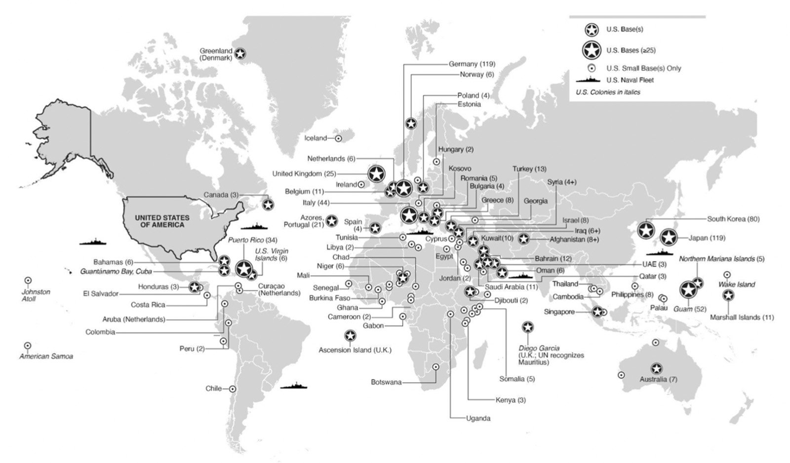 Grey map showing US military bases