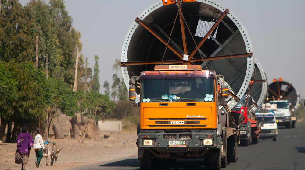 Trucks transporting industrial turbines for development projects in Ethiopia © The Oakland Institute